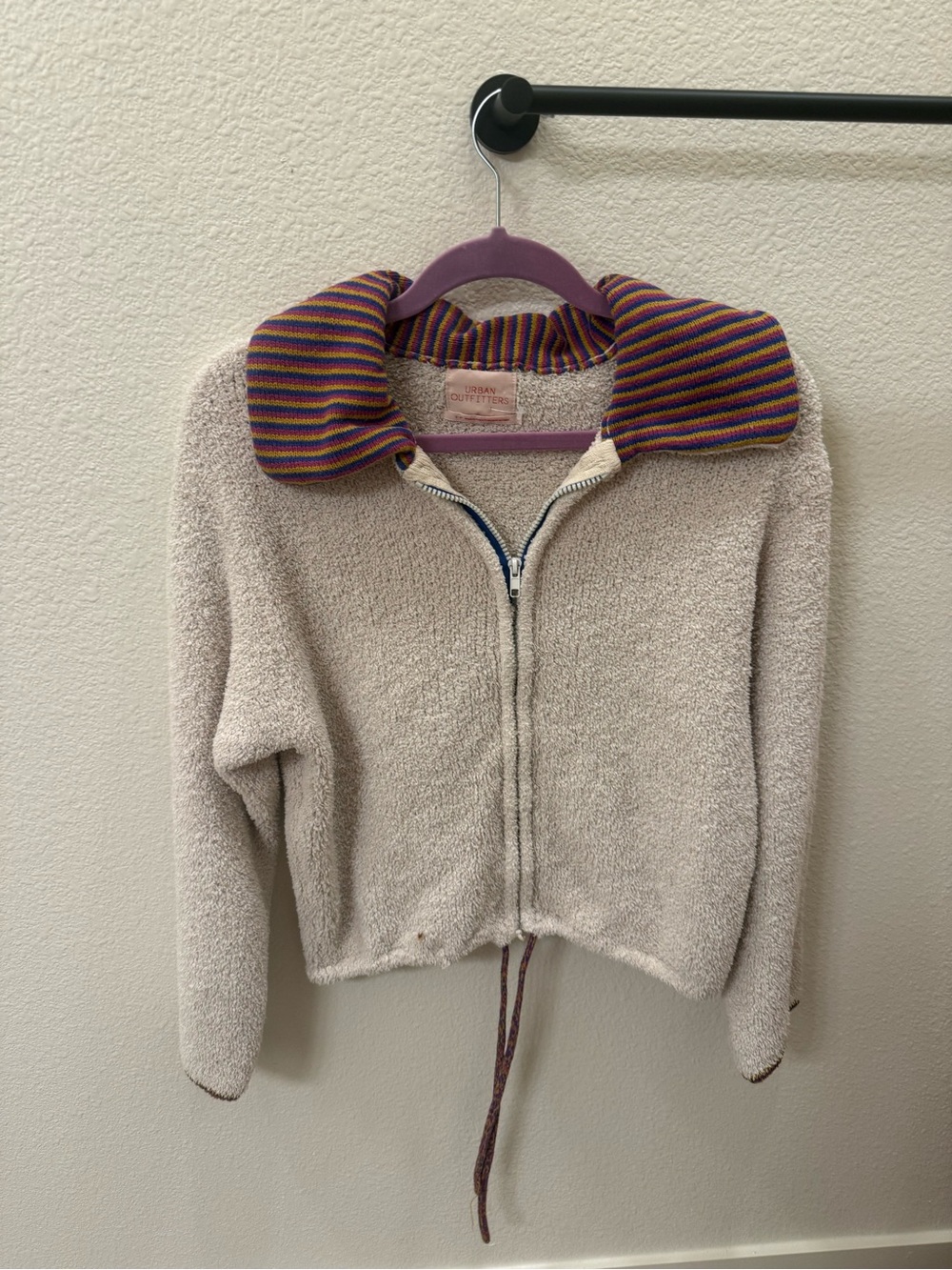 Urban Outfitters Cream Zip Sweater with Striped Purple Collar